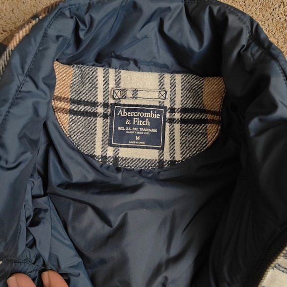 Abercrombie Jacket Mens Medium Brown Plaid Full Zip Outdoors Wool Puffer Coat - Picture 9 of 15